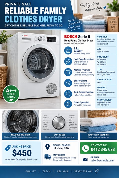 A detailed for-sale flyer for a clothes dryer featuring a large main photo, three smaller detail photos, a bulleted feature list with icons, specifications, asking price, and contact information in a clean blue layout.