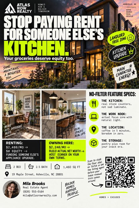 Real estate flyer with a large photo of a modern house at twilight. Bold text reads 'Stop paying rent for someone else's kitchen.' Includes interior photos, a rent vs. own comparison, and agent contact info.