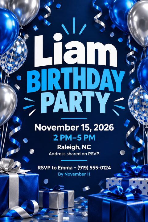 A birthday party invitation flyer with a dark blue background, framed by shiny blue and silver balloons, confetti, and wrapped gift boxes. Bold white and light blue text displays the party details.