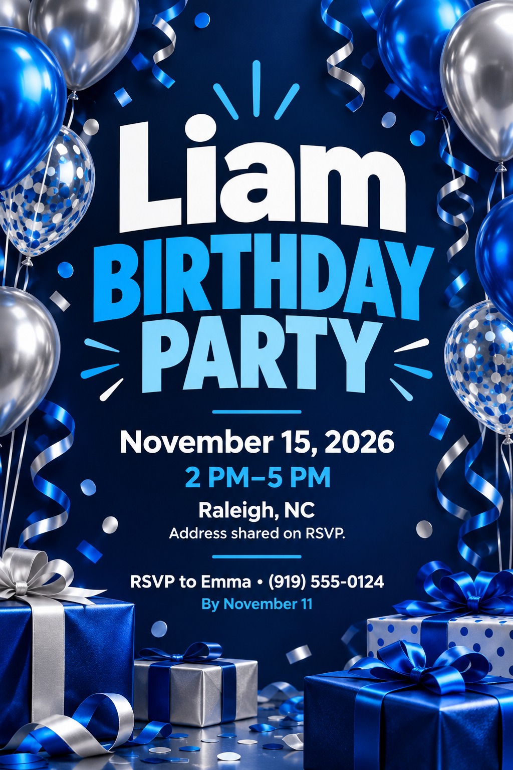 A birthday party invitation flyer with a dark blue background, framed by shiny blue and silver balloons, confetti, and wrapped gift boxes. Bold white and light blue text displays the party details.