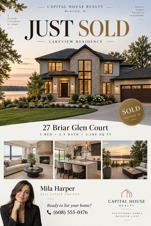 Real estate flyer template with a large photo of a luxury home at sunset, 'JUST SOLD' in gold text, three smaller interior photos, and a realtor's headshot and contact information.