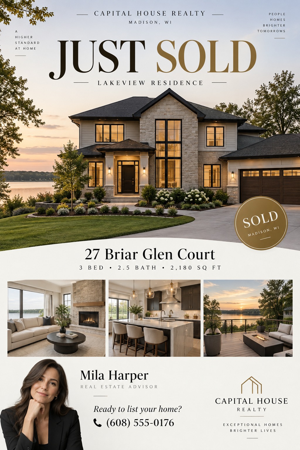 Real estate flyer template with a large photo of a luxury home at sunset, 'JUST SOLD' in gold text, three smaller interior photos, and a realtor's headshot and contact information.