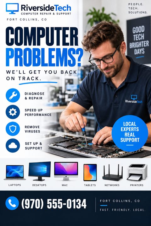Computer repair flyer template with a photo of a technician working on a laptop motherboard. Text reads 'Computer Problems? We'll get you back on track.' Includes icons for services like diagnose & repair, speed up performance, remove viruses, and.