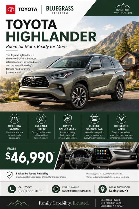 Car dealership flyer featuring a green SUV parked in front of mountains. Below are icons highlighting features like three-row seating and safety. The bottom shows an interior dashboard view, a price of $46,990, and dealership contact info.