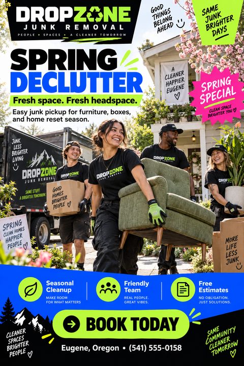 A vibrant junk removal flyer featuring a smiling team carrying a green armchair and boxes to a truck. Bold text reads "Spring Declutter" with bright blue, neon green, and pink accents.