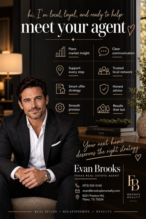 Real estate agent introduction flyer with a large photo of a man in a suit on the left. The text reads 'meet your agent' with a grid of icons highlighting services like 'market insight' and 'clear communication'. The design uses a black background.