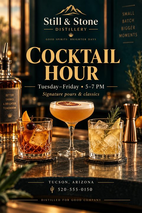 Elegant dark teal flyer with gold text announcing 'Cocktail Hour'. The center features a high-quality photo of three craft cocktails sitting on a dark marble bar top.