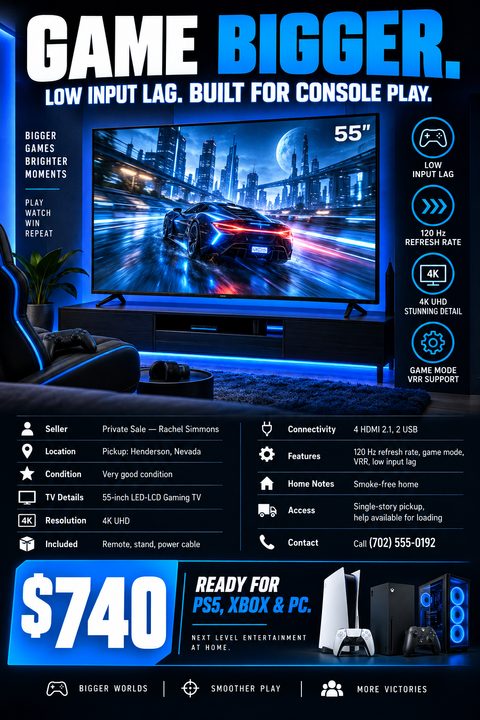 Flyer for a gaming TV for sale. Features a large photo of a TV displaying a racing game in a dark room with blue LED lighting. Text highlights specs like low input lag, 120Hz refresh rate, and 4K UHD. Includes a detailed spec table, price, and.