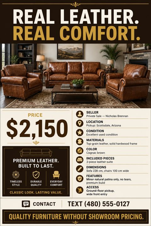 Flyer for a private sale of a leather sofa set. The top half features a photo of a brown leather sofa and two matching armchairs in a living room. The bottom half has a large price of $2,150 and a list of details like seller, location, condition.