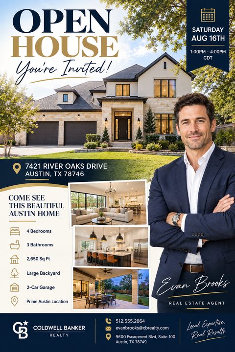 Real estate open house flyer with a large photo of a modern house, a real estate agent, three smaller interior photos, property details, and contact information in navy and gold.