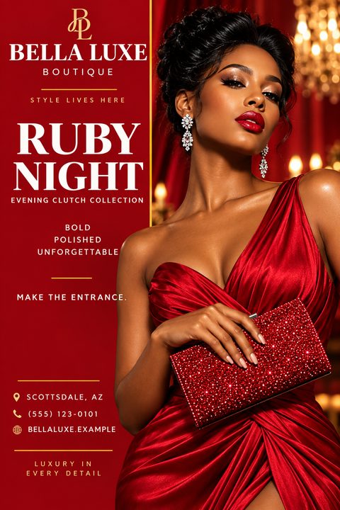 A glamorous fashion flyer featuring a woman in a red evening gown holding a red sequined clutch. The left side has a deep red background with gold and white text promoting a 'Ruby Night Evening Clutch Collection'.