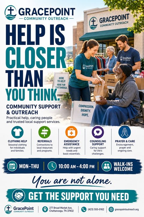 Flyer for community outreach program titled 'Help is closer than you think'. Shows volunteers handing out food and supplies to a man. Includes icons for clothing help, referrals, emergency assistance, counseling, and prayer.