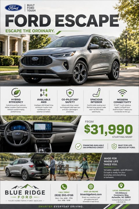 Car sales flyer template featuring a silver SUV, a grid of five key features with icons, an interior dashboard photo, a starting price of $31,990, and a lifestyle photo of a couple with a dog loading the car.