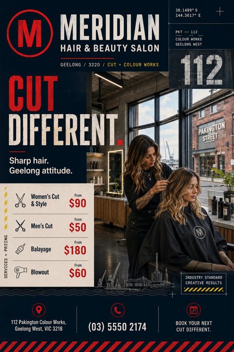 An industrial-style hair salon price list flyer in navy blue and red. It features a photo of a stylist cutting a woman's hair, bold typography, and a clear pricing menu with icons.