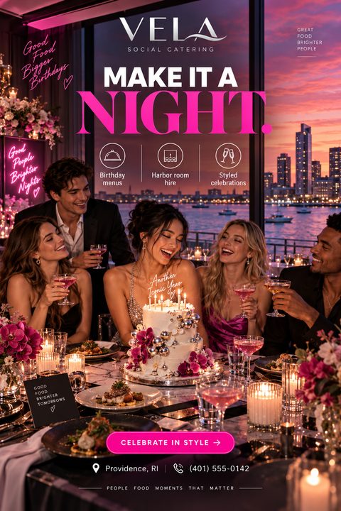 Flyer for social catering featuring a group of friends celebrating a birthday with a cake and drinks at a restaurant with a harbor view at sunset. Bold pink text reads 'Make it a night'.