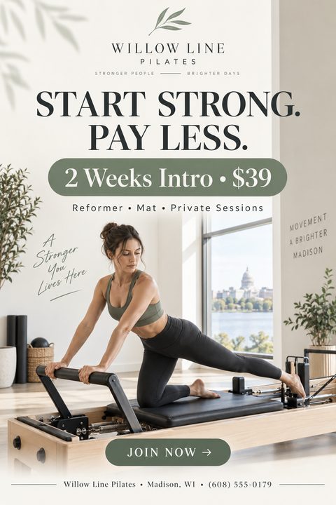 Flyer for Willow Line Pilates offering a 2 Weeks Intro for $39. Features a woman exercising on a reformer machine in a bright studio with a city view.