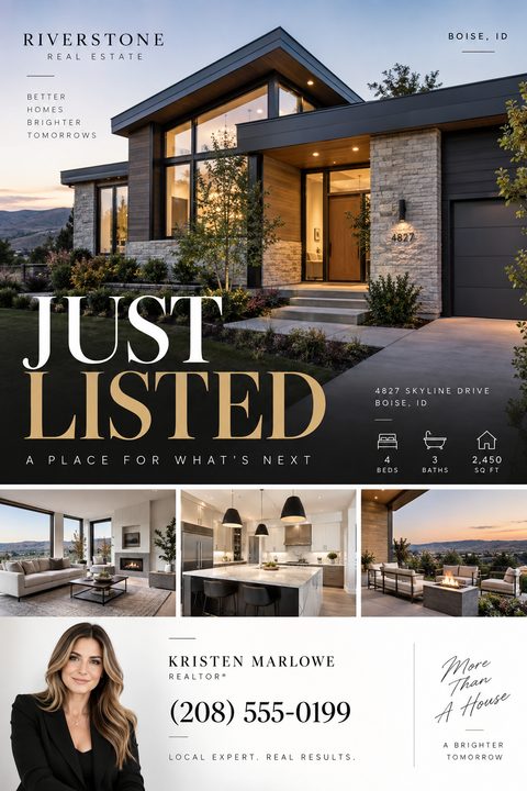 Real estate flyer template with a large photo of a modern house exterior at dusk, large 'Just Listed' text, three smaller interior photos, and a realtor's headshot and contact information at the bottom.