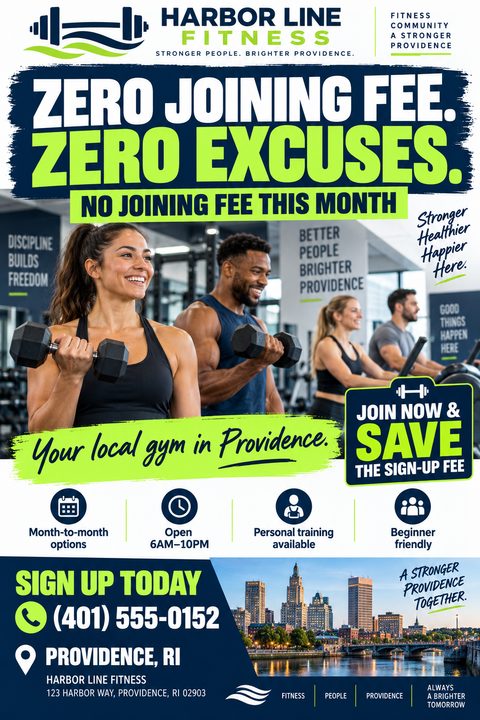 A gym membership flyer with a large photo of people working out, bold text reading 'Zero Joining Fee. Zero Excuses.', and a smaller photo of a city skyline at the bottom.