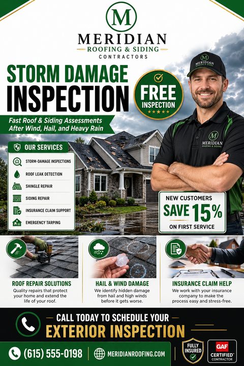 A professional roofing flyer featuring a smiling contractor, a house with roof damage, and close-up photos of repairs and hail. The design uses dark green and gold accents with clear service lists.
