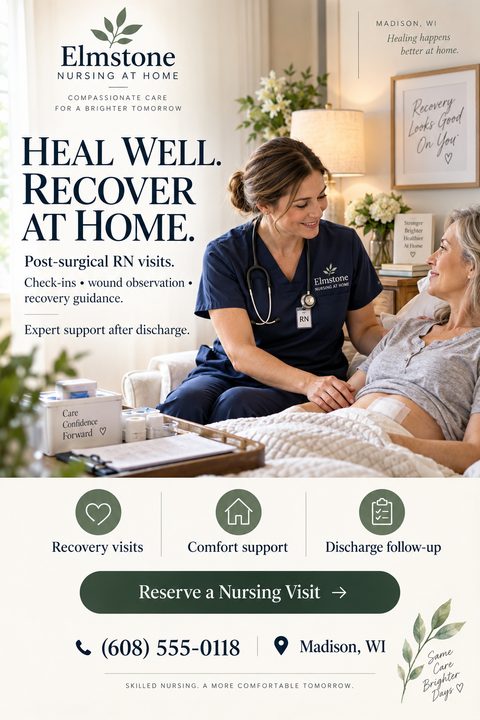 Flyer for Elmstone Nursing at Home titled 'Heal Well. Recover at Home.' showing a nurse in scrubs checking on a female patient resting in bed. Features icons for recovery visits, comfort support, and discharge follow-up.