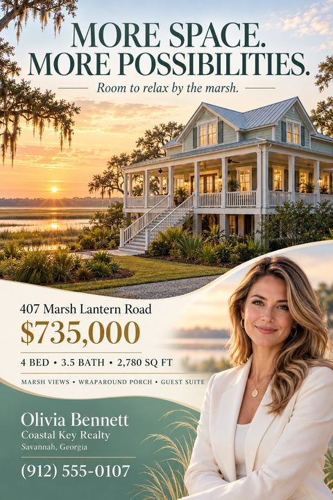 A real estate flyer featuring a large photo of a coastal home with a wraparound porch at sunset. Below, separated by wavy cream and green shapes, are the property details, price, and a prominent photo of a female real estate agent.