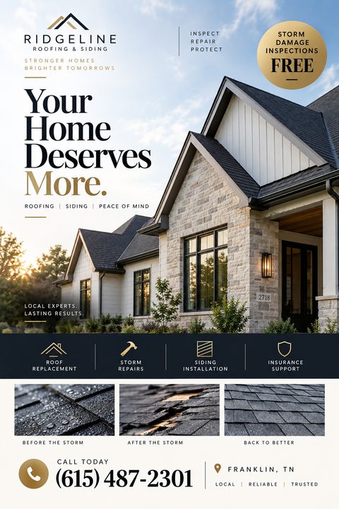 Roofing and siding flyer template with a large photo of a modern house, a gold badge for free storm damage inspections, service icons, and three small photos showing roof damage before and after repair.