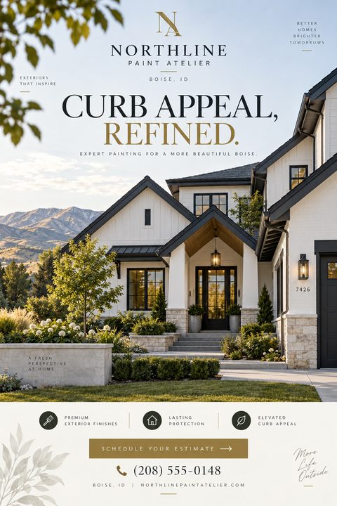 Flyer for exterior painting services featuring a large photo of a beautiful white house with black trim and mountains in the background. Text reads 'Curb Appeal, Refined' with contact information at the bottom.