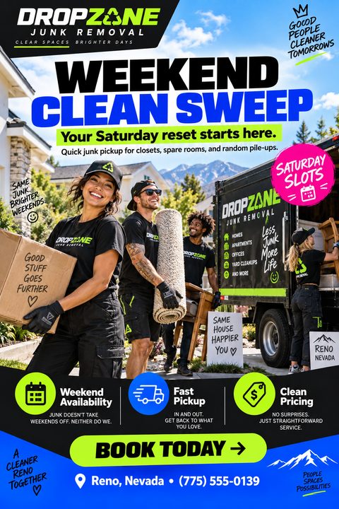 A junk removal flyer featuring a team loading a truck with boxes and a rug. It uses bold blue text, neon green accents, and hand-drawn style notes on a black and white background.