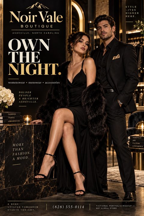 A fashion boutique flyer featuring a man and woman in elegant black evening wear against a dark background with gold text.