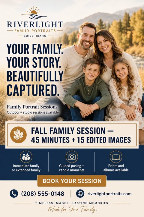 Flyer for Riverlight Family Portraits featuring a smiling family of four sitting outdoors in a field. Text promotes Fall Family Sessions with 45 minutes and 15 edited images.