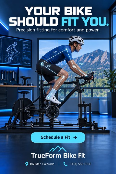 A modern flyer for a bike fitting service featuring a cyclist on a stationary fitting rig in a high-tech studio with mountain views. Overlaid lines and angles illustrate precision fitting.