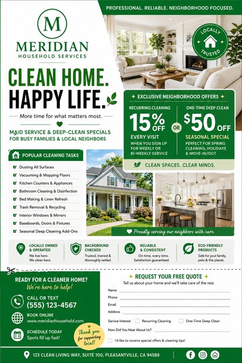 A house cleaning services flyer with a green and white color scheme. It includes photos of a clean living room, a house exterior, and a kitchen. Sections highlight popular cleaning tasks, exclusive neighborhood offers, company guarantees, and a.
