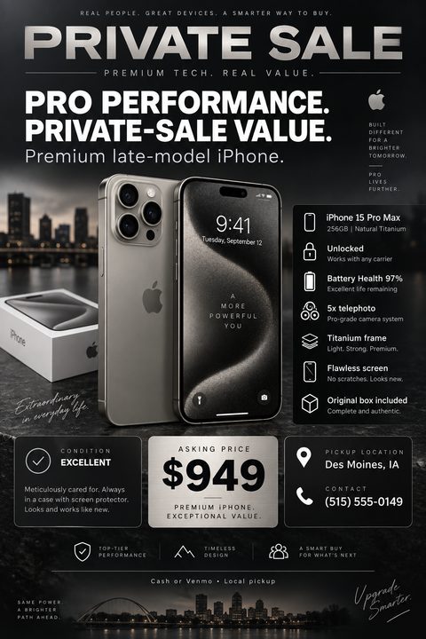 A dark, metallic-themed flyer advertising a private sale for a premium smartphone. It features images of the phone, a list of specifications, condition details, asking price of $949, and contact information.