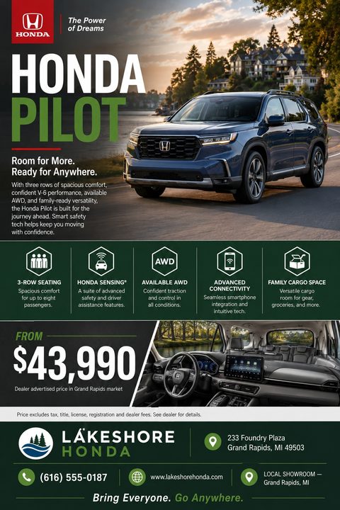 Car dealership flyer template featuring a blue SUV driving on a road, a section highlighting features like 3-row seating and AWD with icons, a price of $43,990, and dealership contact information at the bottom.