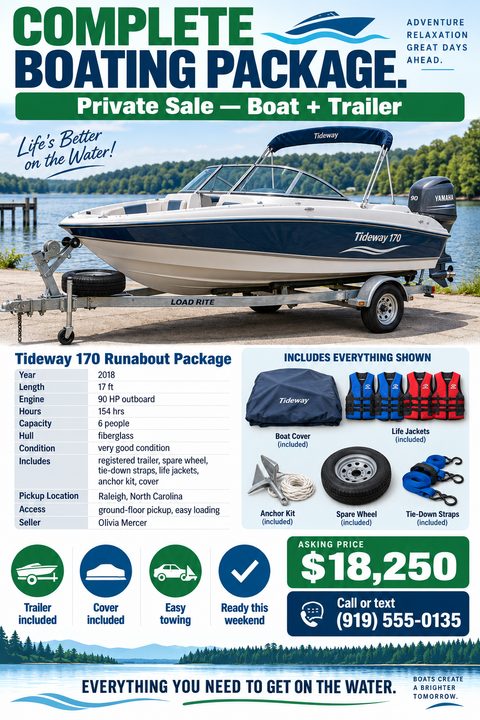 A flyer advertising a 'Complete Boating Package' for private sale. It features a large photo of a Tideway 170 runabout boat on a trailer, a table of specifications, photos of included accessories like a cover and life jackets, and an asking price of.