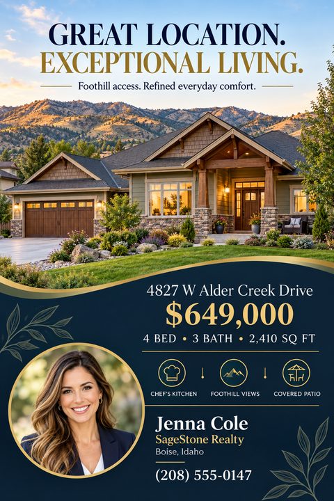 Real estate flyer featuring a large photo of a craftsman home against mountains. The bottom half has a navy background with gold text, amenity icons, and a circular agent headshot framed in gold.