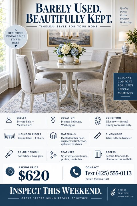 Flyer for a private sale of a dining set. Features a large photo of a round table with four upholstered chairs in a bright room. Text reads 'Barely Used. Beautifully Kept.' Below are icons detailing seller, location, condition, included pieces.