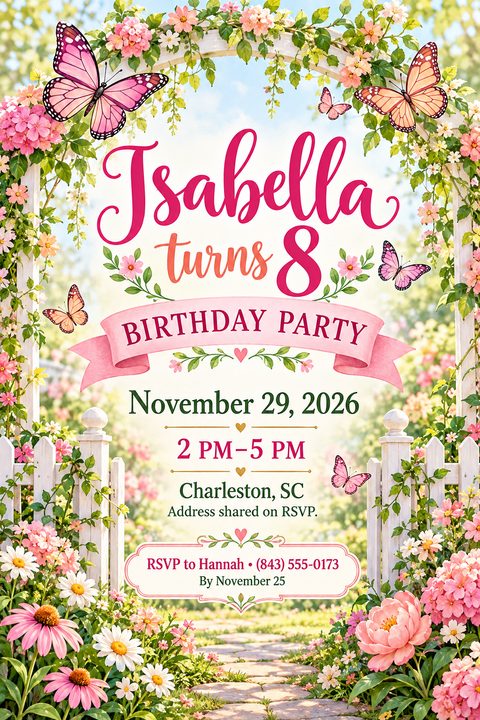 A birthday party invitation flyer with a whimsical garden theme. A white picket fence and floral archway frame the text, with colorful butterflies fluttering around. The text reads 'Isabella turns 8, Birthday Party' with date, time, and RSVP details.