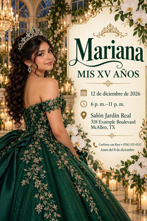 A formal Quinceañera invitation flyer featuring a young woman in an ornate emerald green gown. The right side has a cream panel with gold accents, displaying event details in dark green text.