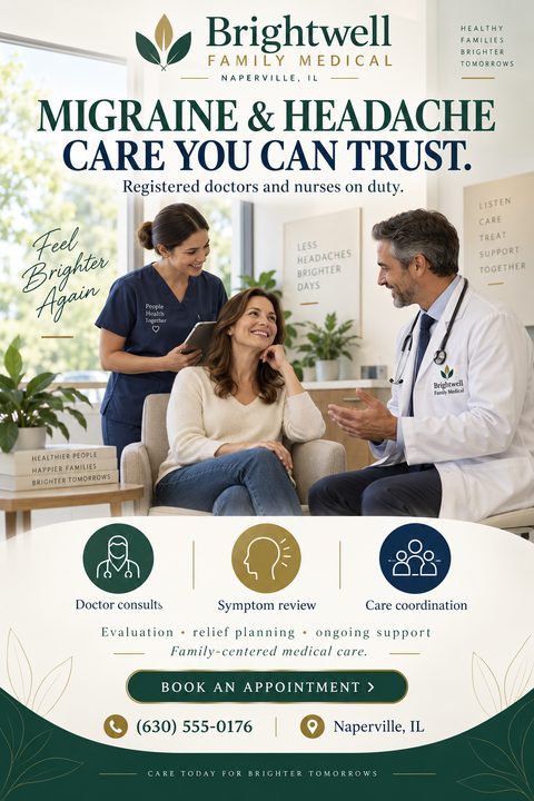 Medical flyer template with a photo of a doctor and nurse consulting a smiling female patient. Text reads 'Migraine & Headache Care You Can Trust'. Includes icons for doctor consults, symptom review, and care coordination.