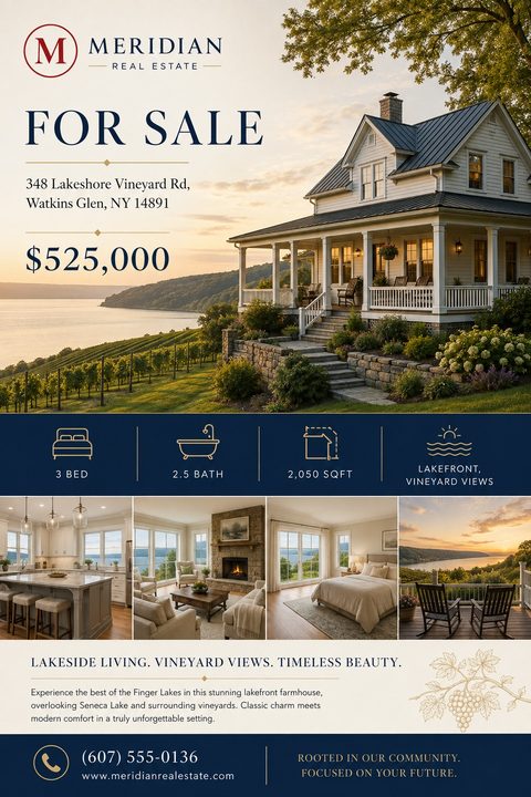 Real estate flyer template with a large photo of a white farmhouse overlooking a lake and vineyard. Below is a navy blue bar with gold icons for beds, baths, square footage, and views. A grid of four smaller photos shows the interior and a balcony.