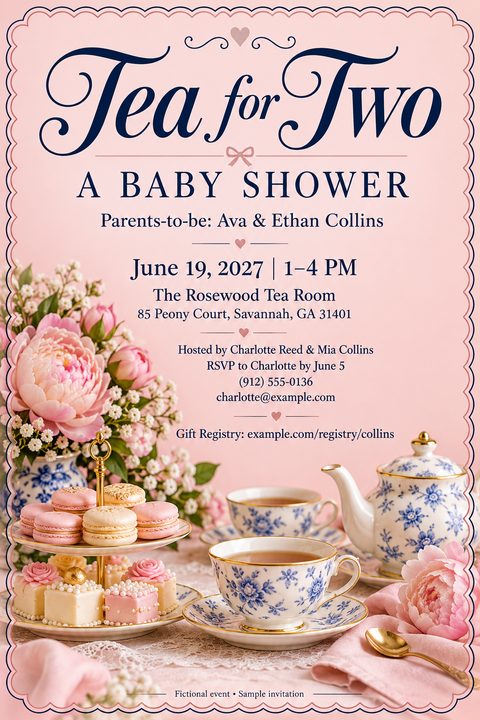 A baby shower invitation flyer with a soft pink background. The top half features elegant navy blue text reading 'Tea for Two A BABY SHOWER' with event details below. The bottom half shows a beautifully set table with blue and white floral teacups.