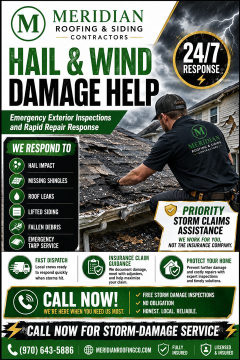 Flyer for Meridian Roofing & Siding Contractors offering Hail & Wind Damage Help. Features a photo of a roofer inspecting a damaged roof under a stormy sky, with lists of services and a call to action.