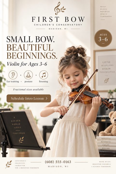 Flyer for First Bow Children's Conservatory offering violin lessons for ages 3-6. Features a photo of a young girl playing the violin in a bright room.