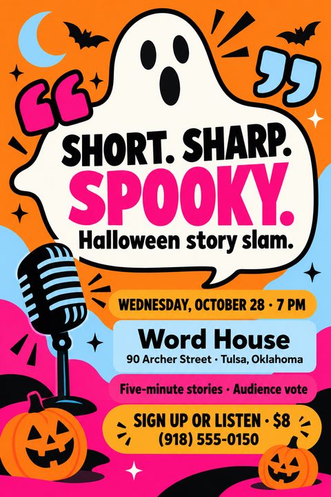 Bright pop-art style Halloween flyer featuring a large white ghost with a speech bubble, a vintage microphone, jack-o'-lanterns, bats, and colorful pink, orange, and blue backgrounds.