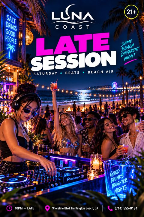 Flyer for a beach party featuring a female DJ playing music while a crowd dances and drinks in the background at night. The text reads 'Late Session' in bold pink and white letters.