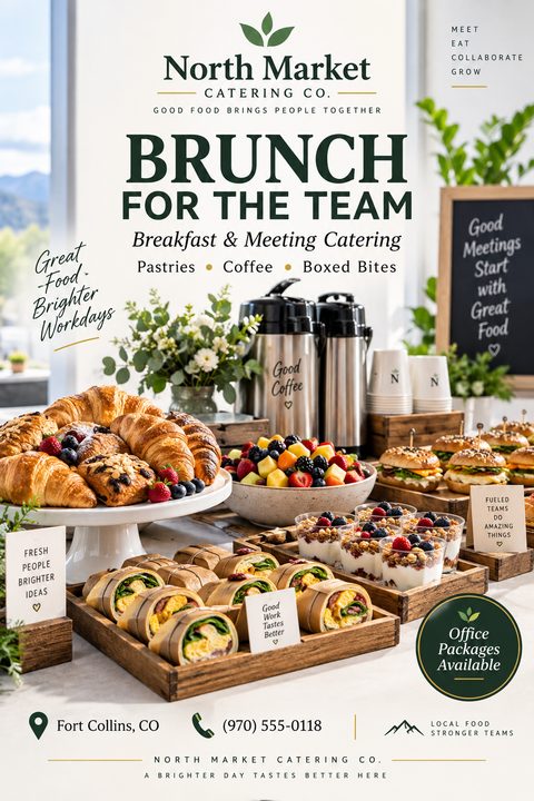 A flyer for North Market Catering Co. advertising 'Brunch for the Team' with a large photo of a breakfast spread including croissants, fruit, yogurt parfaits, and breakfast wraps.