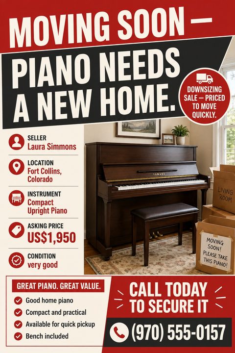 Flyer titled 'Moving Soon - Piano Needs A New Home' with a photo of a brown upright piano and moving boxes. Includes sections for seller details, price, condition, and contact number.
