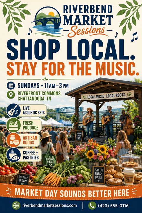 Flyer for Riverbend Market Sessions. Text reads 'Shop Local. Stay for the Music.' Features a photo of a live band playing on a stage at an outdoor market with fresh produce and baked goods in the foreground.