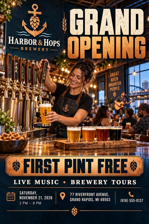 Flyer for a brewery grand opening featuring a smiling bartender pouring a pint of beer from a tap. Text reads 'Grand Opening', 'First Pint Free', 'Live Music', and 'Brewery Tours' with event details below.